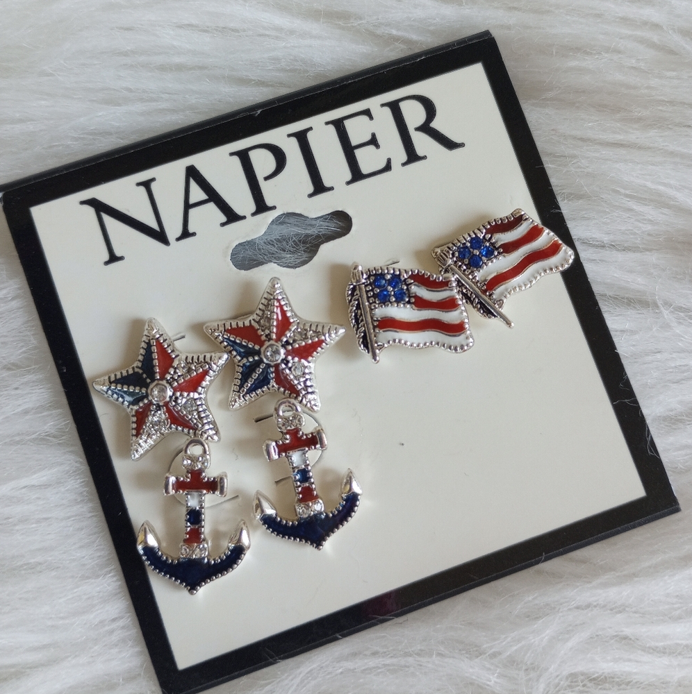 3-Piece! Napier American Flag Stars Nautical Anchors 4th of July Earrings